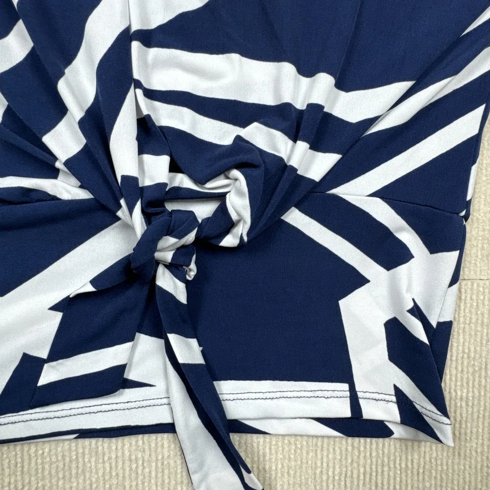 Clara Sun Woo Blue White Geometric Pattern Dolman Sleeve Side Tie Top Large - Picture 4 of 8